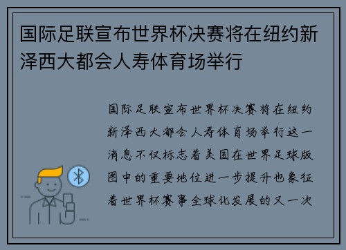 国际足联宣布世界杯决赛将在纽约新泽西大都会人寿体育场举行